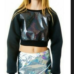 UNIF Black Neoprene Holographic Cropped Sweatshirt